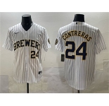 Men's Milwaukee Brewers #24 William Contreras White Pinstripe 2025 With Patch Stitched Stitched Jersey