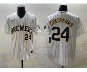 Men's Milwaukee Brewers #24 William Contreras White Pinstripe 2025 With Patch Stitched Stitched Jersey