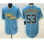 Men's Milwaukee Brewers #53 Brandon Woodruff Powder Blue 2022 City Connect Cool Base Jersey