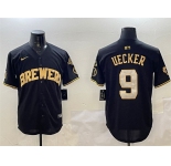 Men's Milwaukee Brewers #9 Bob Uecker Black Gold With Home Patch Limited Stitched Baseball Jersey