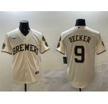 Men's Milwaukee Brewers #9 Bob Uecker Cream With Home Patch Stitched Baseball Jersey