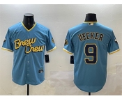 Men's Milwaukee Brewers #9 Bob Uecker Powder Blue City Connect With Patch Cool Base Stitched Jersey