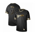 Men's Milwaukee Brewers #9 Manny Pina Authentic Black Gold Fashion Baseball Jersey
