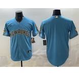 Men's Milwaukee Brewers Blank Blue With Home & Bob Uecker Patch Stitched Baseball Jersey