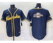 Men's Milwaukee Brewers Team Big Logo Navy 2025 With Patch Stitched Baseball Jersey
