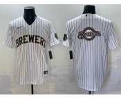 Men's Milwaukee Brewers Team Big Logo White Pinstripe 2025 With Patch Stitched Baseball Jersey