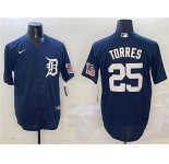 Men's Detroit Tigers #25 Gleyber Torres Navy With Patch Cool Base Stitched Baseball Jersey