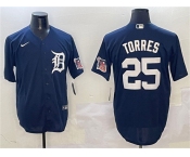 Men's Detroit Tigers #25 Gleyber Torres Navy With Patch Cool Base Stitched Baseball Jersey