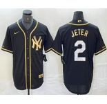 Men's New York Yankees #2 Derek Jeter Black Gold Cool Base Stitched Baseball Jersey
