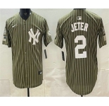 Men's New York Yankees #2 Derek Jeter Olive Pinstripe 2026 Armed Forces Day Salute To Service Jersey