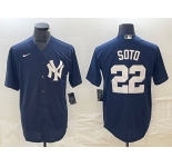 Men's New York Yankees #22 Juan Soto Name Navy Blue Cool Base Stitched Baseball Jersey