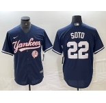 Men's New York Yankees #22 Juan Soto Navy With Patch Cool Base Stitched Baseball Jersey