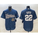 Men's New York Yankees #22 Juan Soto Number Blue Pinstripe Cool Base Stitched Baseball Jersey