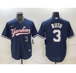 Men's New York Yankees #3 Babe Ruth Number Navy Cool Base Stitched Baseball Jersey