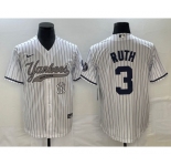 Men's New York Yankees #3 Babe Ruth White With Patch Cool Base Stitched Baseball Jersey