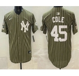 Men's New York Yankees #45 Gerrit Cole Olive Pinstripe 2026 Armed Forces Day Salute To Service Jersey