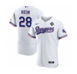 Men's Texas Rangers #28 Jonah Heim White 2023 World Series Flex Base Stitched Baseball Jersey