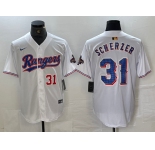Men's Texas Rangers #31 Max Scherzer Number White 2023 World Series Champions Cool Base Jersey