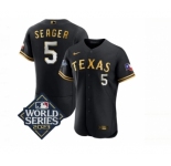 Men's Texas Rangers #5 Corey Seager Black Gold 2023 World Series Flex Base Stitched Baseball Jersey