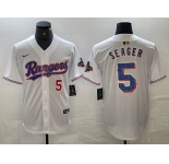 Men's Texas Rangers #5 Corey Seager Number White 2023 World Series Champions Cool Base Jersey