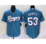 Men's Texas Rangers #53 Adolis Garcia Light Blue With Patch Cool Base Stitched Baseball Jersey