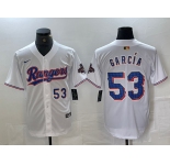 Men's Texas Rangers #53 Adolis Garcia Number White 2023 World Series Champions Cool Base Jersey