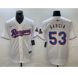 Men's Texas Rangers #53 Adolis Garcia White 2023 World Series Champions Cool Base Jersey