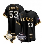 Men's Texas Rangers & Cowboys #53 Adolis García Black Gold 2023 World Series Splite Stitched Baseball Jersey