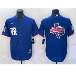 Mens Texas Rangers Royal 2023 World Series Champions Big Logo Cool Base Stitched Baseball Jersey