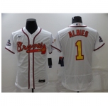 Men's Atlanta Braves #1 Ozzie Albies 2021 White Gold World Series Champions Jersey