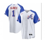 Men's Atlanta Braves #1 Ozzie Albies White 2023 City Connect Cool Base Stitched Baseball Jersey