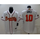 Men's Atlanta Braves #10 Chipper Jones 2022 White Gold World Series Champions Program Cool Base Stitched Baseball Jersey