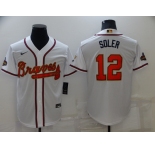 Men's Atlanta Braves #12 Jorge Soler 2022 White Gold World Series Champions Program Cool Base Stitched Baseball Jersey