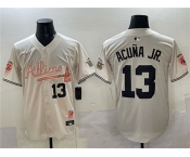 Men's Atlanta Braves #13 Ronald Acuna Jr. Cream 2024 Atliens & Peach With Outkast Patch Vapor Limited Stitched Baseball Jersey