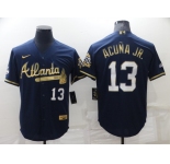 Men's Atlanta Braves #13 Ronald Acuna Jr Navy Blue 2021 World Series Champions Golden Edition Stitched Cool Base Nike Jersey