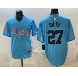 Men's Atlanta Braves #27 Austin Riley Blue 2024 Atliens & Peach With Outkast Patch Vapor Limited Stitched Baseball Jersey