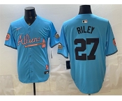 Men's Atlanta Braves #27 Austin Riley Blue 2024 Atliens & Peach With Outkast Patch Vapor Limited Stitched Baseball Jersey