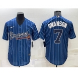 Men's Atlanta Braves #7 Dansby Swanson Navy Blue Pinstripe Stitched MLB Cool Base Nike Jersey