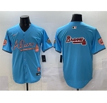 Men's Atlanta Braves Team Big Logo Blue 2024 Atliens & Peach With Outkast Patch Vapor Limited Stitched Baseball Jersey