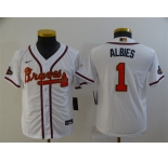 Youth Atlanta Braves #1 Ozzie Albies 2022 White Gold World Series Champions Program Cool Base Stitched Baseball Jersey