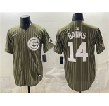 Men's Chicago Cubs #14 Ernie Banks Pinstripe Olive 2026 Armed Forces Day Salute To Service Stitched Baseball Jersey