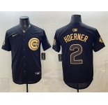 Men's Chicago Cubs #2 Nico Hoerner Black Gold 150th Anniversary Patch Stitched Baseball Jersey