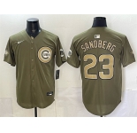 Men's Chicago Cubs #23 Ryne Sandberg Olive 2026 Armed Forces Day Stitched Baseball Jersey
