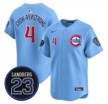 Men's Chicago Cubs #4 Pete Crow-Armstrong Blue 'Ryne Sandberg Tribute' Vapor Limited V2 Stitched Baseball Jersey