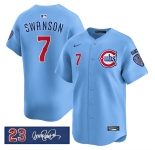 Men's Chicago Cubs #7 Dansby Swanson Blue 'Ryne Sandberg Tribute' Vapor Limited V3 Stitched Baseball Jersey