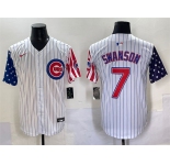 Men's Chicago Cubs #7 Dansby Swanson White Pinstripe 2025 Independence Day Vapor Premier Limited Stitched Baseball Jersey