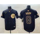 Men's Chicago Cubs #8 lan Happ Black Gold 150th Anniversary Patch Stitched Baseball Jersey