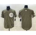 Men's Chicago Cubs Blank Pinstripe Olive 2026 Armed Forces Day Salute To Service Stitched Baseball Jersey