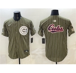 Men's Chicago Cubs Team Big Logo Pinstripe Olive 2026 Armed Forces Day Salute To Service Stitched Baseball Jersey