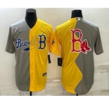 Men's Boston Red Sox Big Logo Grey Yellow Split Cool Base Stitched Jersey